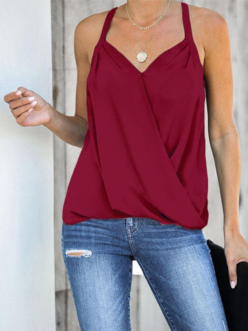 Casual Burgundy Halter V-Hals Ærmeløs Front Cross Elegant Tank Top