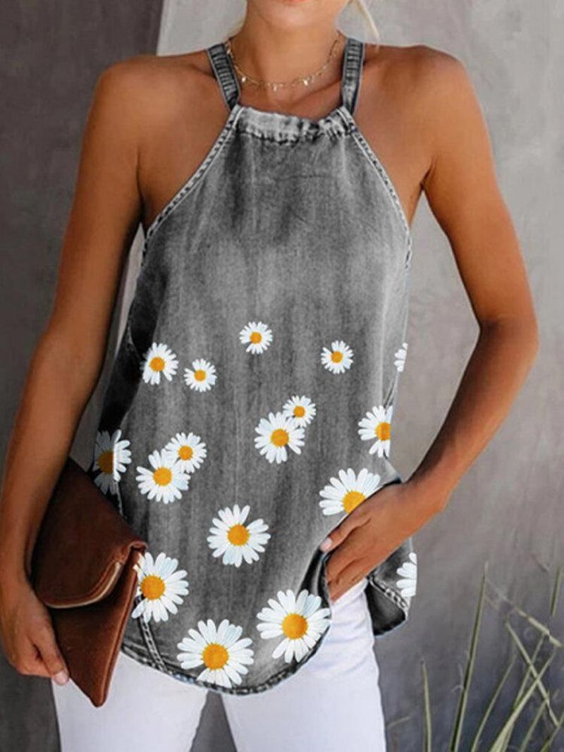 Daisy Blomsterprint Halter Kvinder Casual Denim Tank Tops