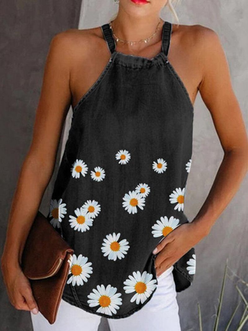 Daisy Blomsterprint Halter Kvinder Casual Denim Tank Tops