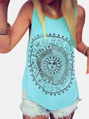 Disk Letter Print Rundhals Løs Sommer Casual Tank Tops