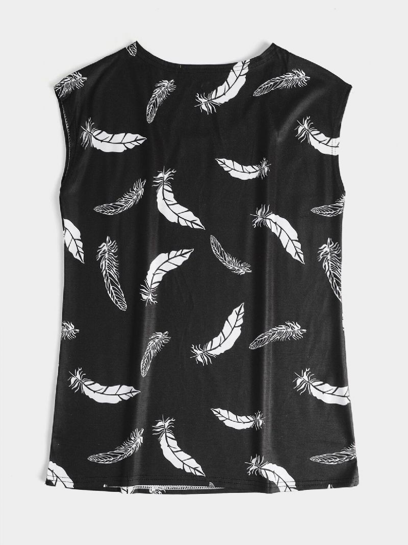 Fjer Print Rund Hals Ærmeløs Løs Kvinder Casual Tank Top