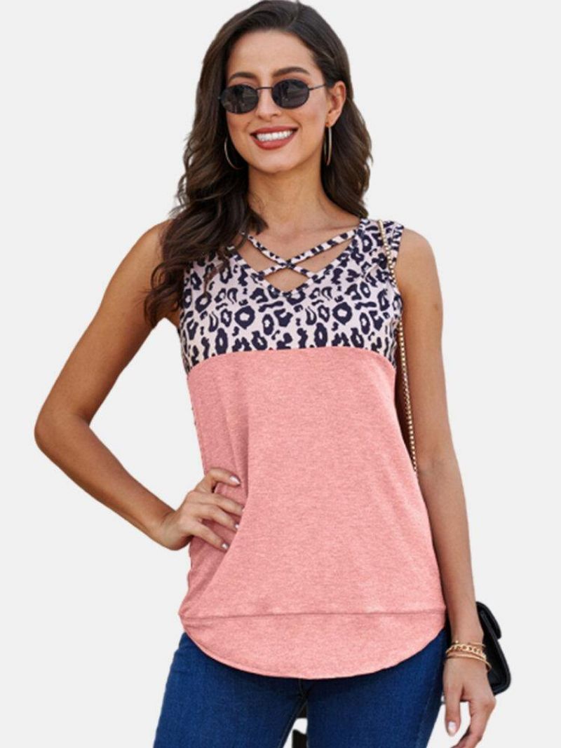 Leopard Print Patchwork V-Hals Ærmeløse Kvinder Casual Tank Tops