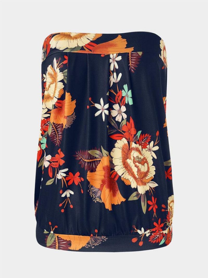 Navy Blomsterprint Etnisk Stil Stropløs Ærmeløs Tube Tanktop