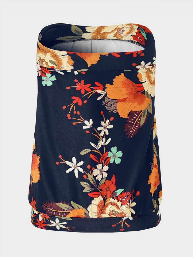 Navy Blomsterprint Etnisk Stil Stropløs Ærmeløs Tube Tanktop