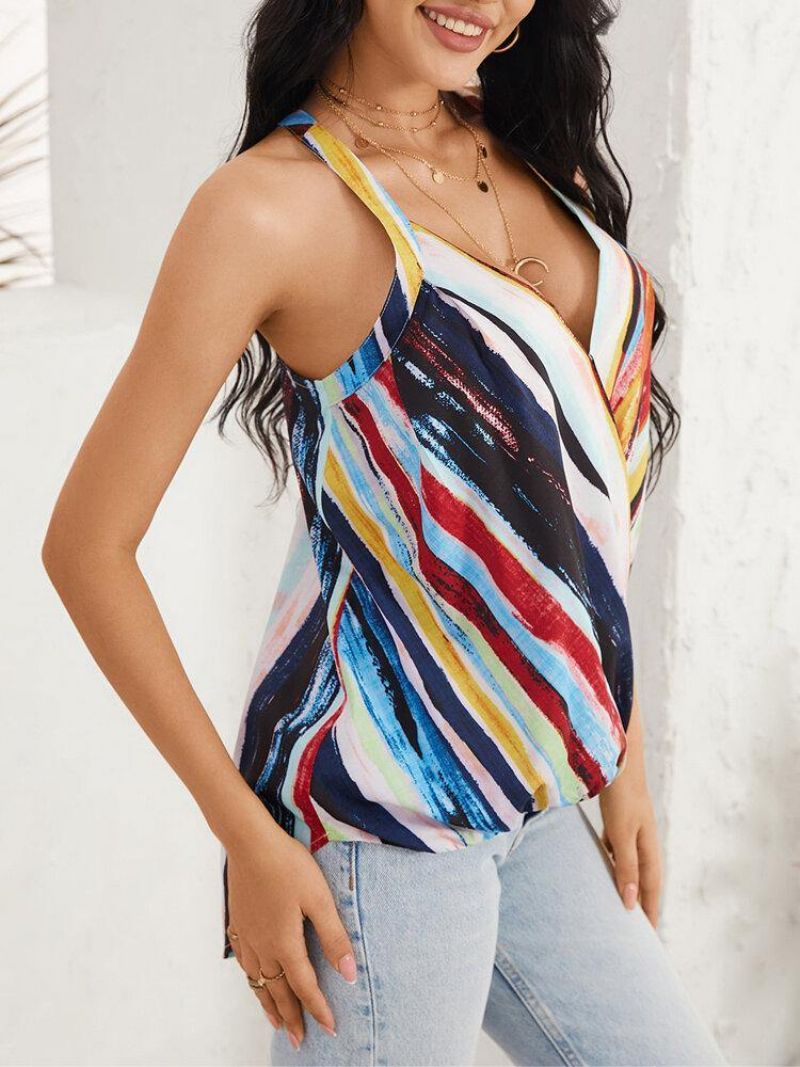 Tie Dye Stripe Halter V-Hals Ærmeløs Front Cross Daily Casual Tank Top