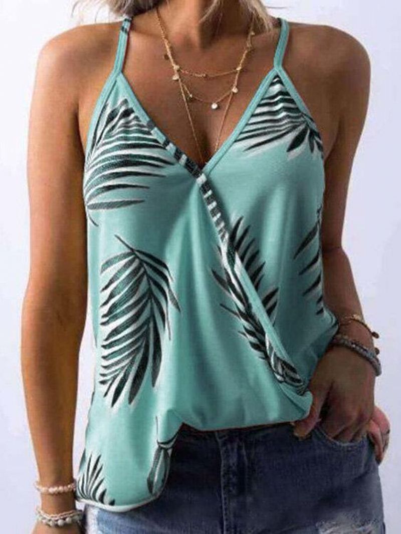 Tropical Plant Print V-Hals Ærmeløse Summer Hawaii Tank Tops