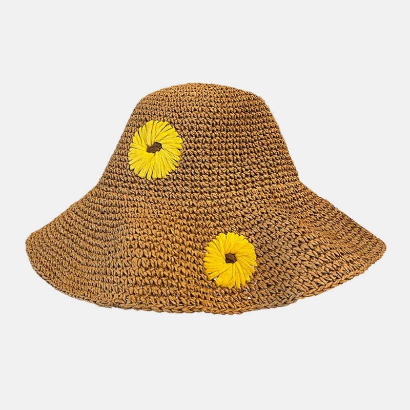 Kvinder Halm Blomster Solsikke Ensfarve Elegant Solsikke Stor Skygge Visir Solbeskyttelse Hat Beach Hat Bucket Hat