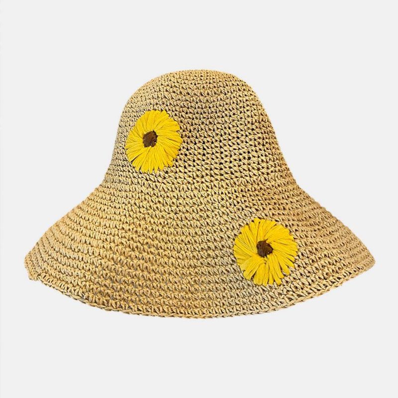 Kvinder Halm Blomster Solsikke Ensfarve Elegant Solsikke Stor Skygge Visir Solbeskyttelse Hat Beach Hat Bucket Hat