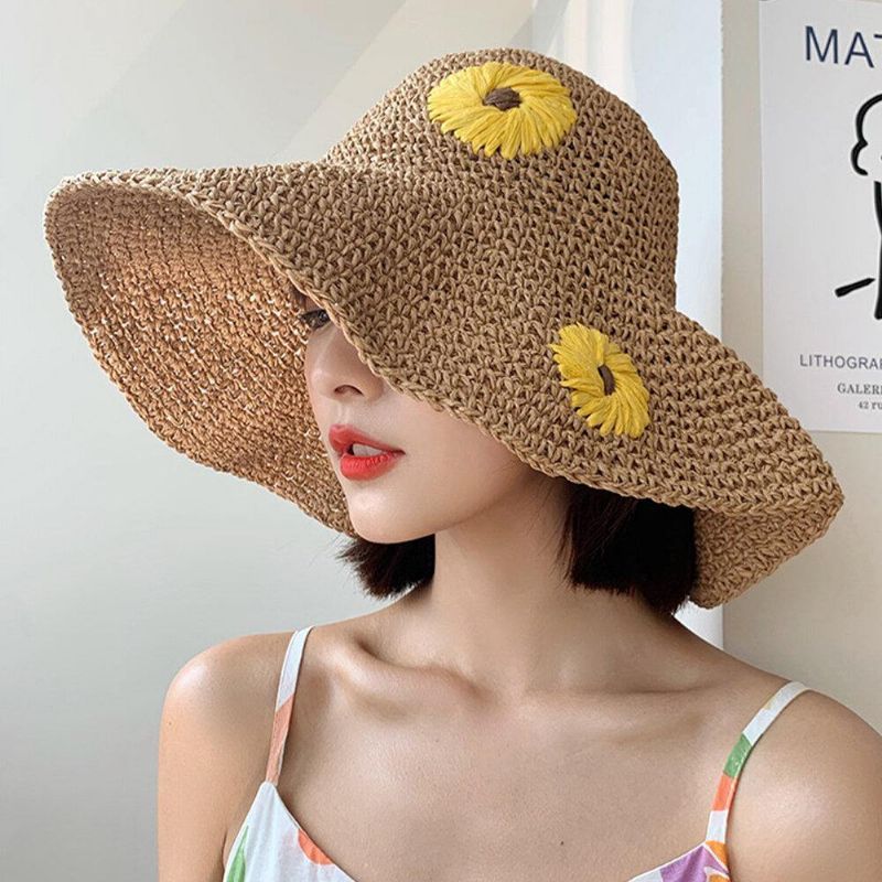 Kvinder Halm Blomster Solsikke Ensfarve Elegant Solsikke Stor Skygge Visir Solbeskyttelse Hat Beach Hat Bucket Hat