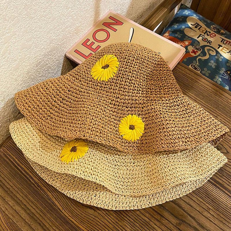 Kvinder Halm Blomster Solsikke Ensfarve Elegant Solsikke Stor Skygge Visir Solbeskyttelse Hat Beach Hat Bucket Hat