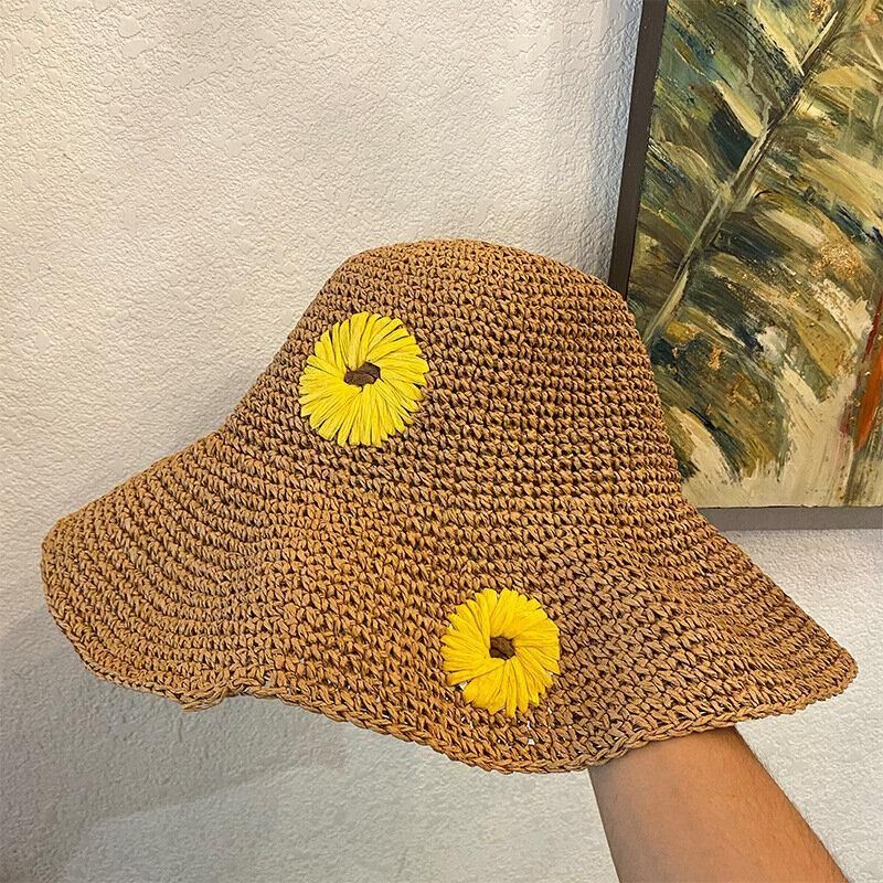 Kvinder Halm Blomster Solsikke Ensfarve Elegant Solsikke Stor Skygge Visir Solbeskyttelse Hat Beach Hat Bucket Hat