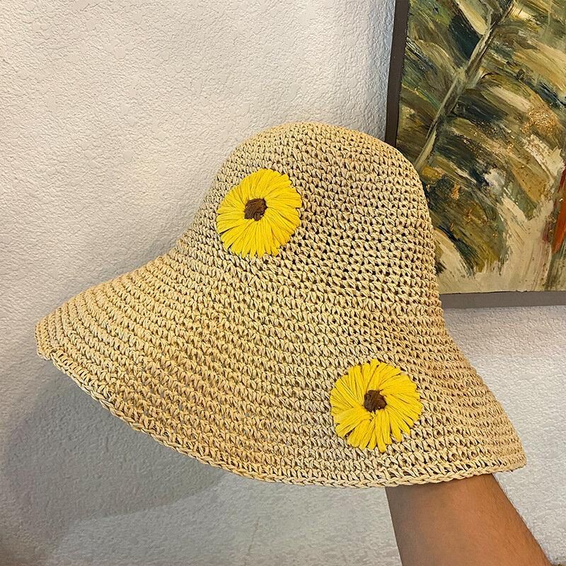 Kvinder Halm Blomster Solsikke Ensfarve Elegant Solsikke Stor Skygge Visir Solbeskyttelse Hat Beach Hat Bucket Hat