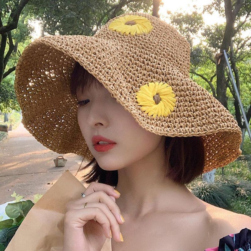 Kvinder Halm Blomster Solsikke Ensfarve Elegant Solsikke Stor Skygge Visir Solbeskyttelse Hat Beach Hat Bucket Hat