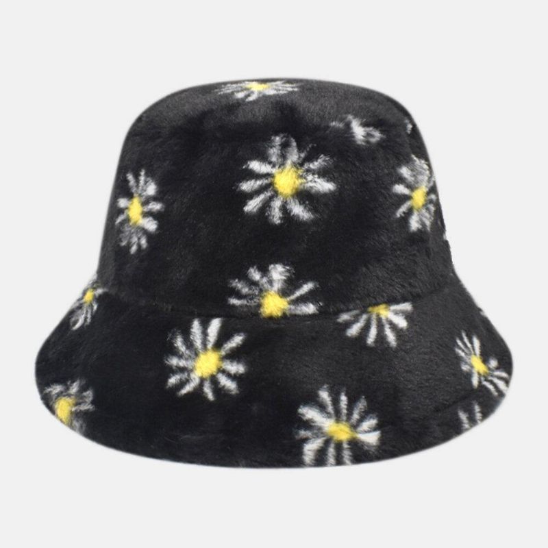 Kvinder Lammehår Blødt Varmt Plus Tykke Casual Alle Match Sød Daisy Blomstermønster Bucket Hat