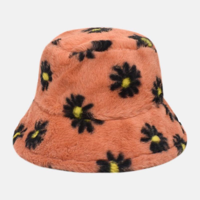 Kvinder Lammehår Blødt Varmt Plus Tykke Casual Alle Match Sød Daisy Blomstermønster Bucket Hat