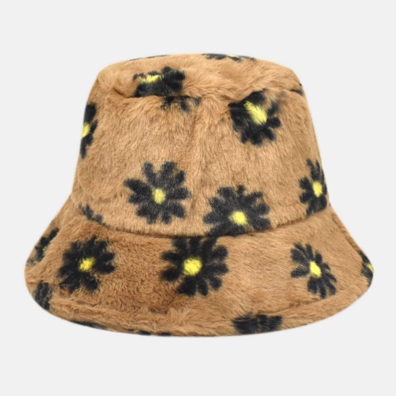 Kvinder Lammehår Blødt Varmt Plus Tykke Casual Alle Match Sød Daisy Blomstermønster Bucket Hat