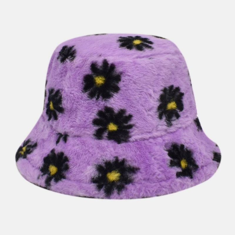 Kvinder Lammehår Blødt Varmt Plus Tykke Casual Alle Match Sød Daisy Blomstermønster Bucket Hat