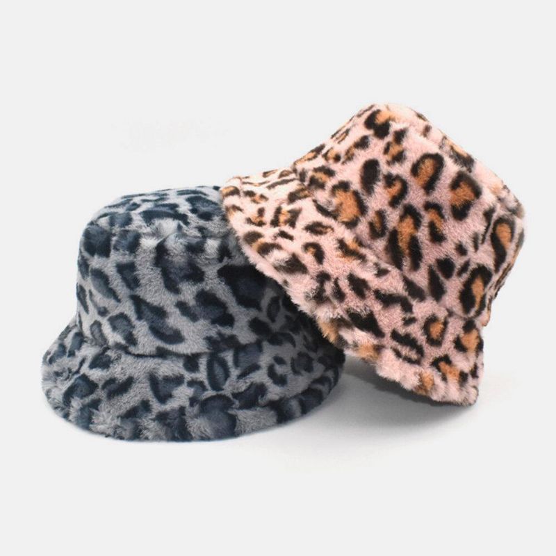 Kvinder Lammehår Varmt Blødt Leopardmønster Casual Personlighed Bucket Hat