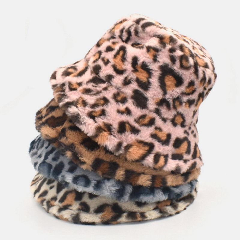 Kvinder Lammehår Varmt Blødt Leopardmønster Casual Personlighed Bucket Hat