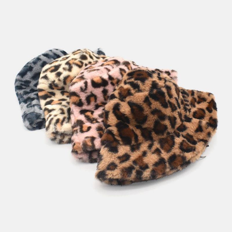 Kvinder Lammehår Varmt Blødt Leopardmønster Casual Personlighed Bucket Hat