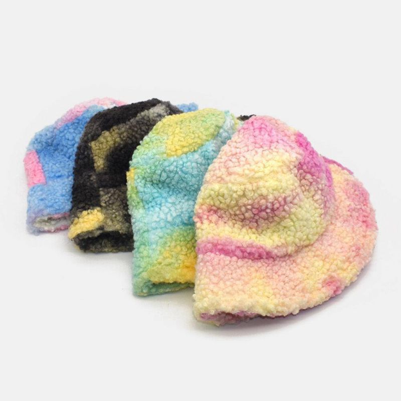 Kvinder Tie-Dye Mix Farve Lammehår Varm Casual Cute Bucket Hat