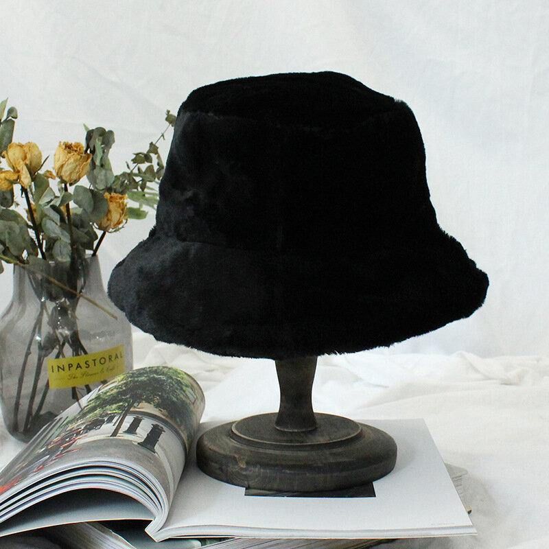 Kvinder Tyk Varm Vinter Bucket Hat Ensfarvet Piger Flad Top Velvet Fedoras Damer Plys Bob