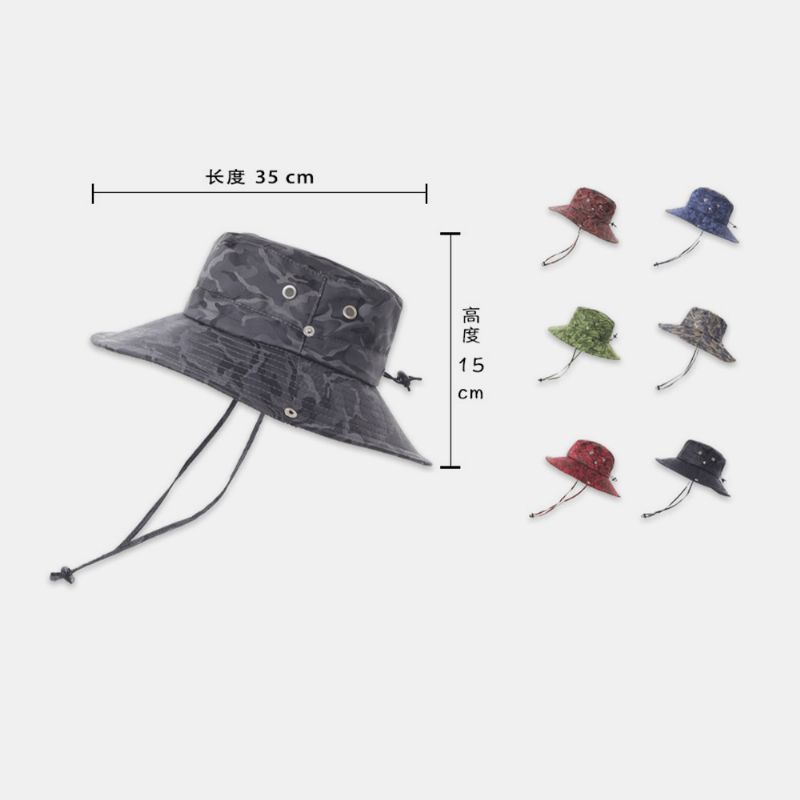 Mænd Camouflage Storbrem Vindtæt Reb Udendørs Fiskeri Klatring Anti-Uv Solskærm Bucket Hat