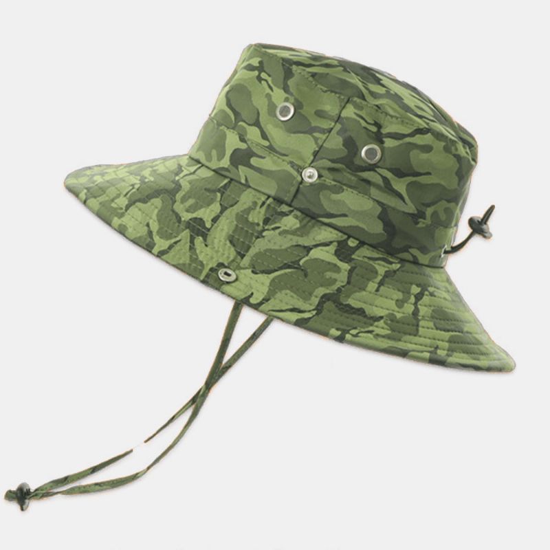 Mænd Camouflage Storbrem Vindtæt Reb Udendørs Fiskeri Klatring Anti-Uv Solskærm Bucket Hat