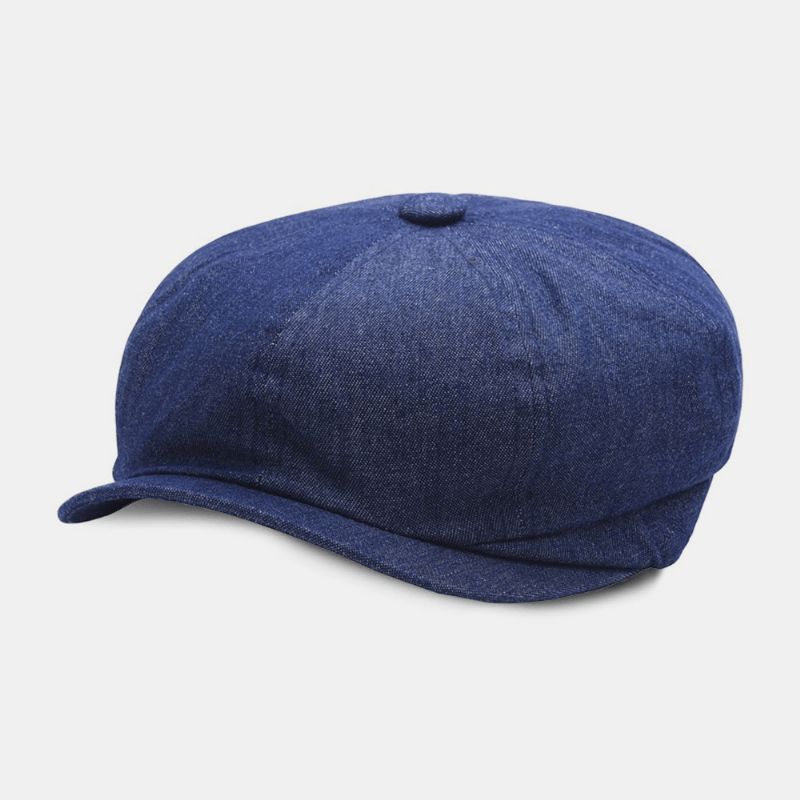 Mænd Denim Patchwork Baret Kasket Afslappet Retro Elastisk Bånd Oktagonal Hat Flad Hat Maler Newsboy Kasket