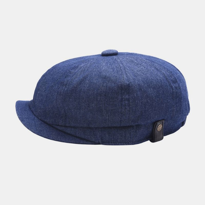 Mænd Denim Patchwork Baret Kasket Afslappet Retro Elastisk Bånd Oktagonal Hat Flad Hat Maler Newsboy Kasket