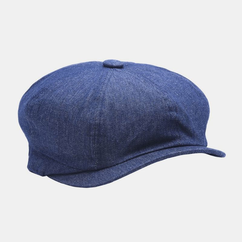 Mænd Denim Patchwork Baret Kasket Afslappet Retro Elastisk Bånd Oktagonal Hat Flad Hat Maler Newsboy Kasket