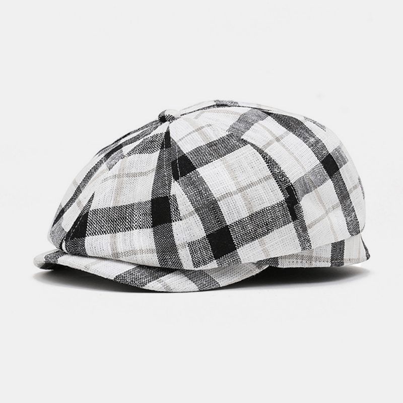 Mænd Linned Baret Kasket Gitter Mønster Britisk Retro Newsboy Hatte Maler Hat Ottekantet Hat