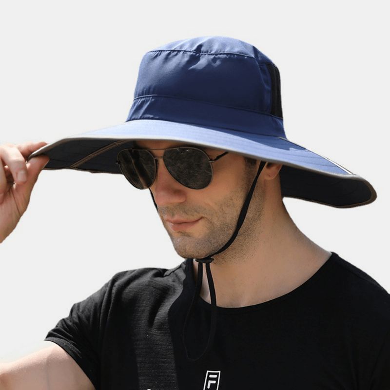 Mænd Solid Foldbar Solsejl Hat Taske Rand Vindtæt Reb Sommer Udendørs Bjergbestigning Suncreen Bucket Hat