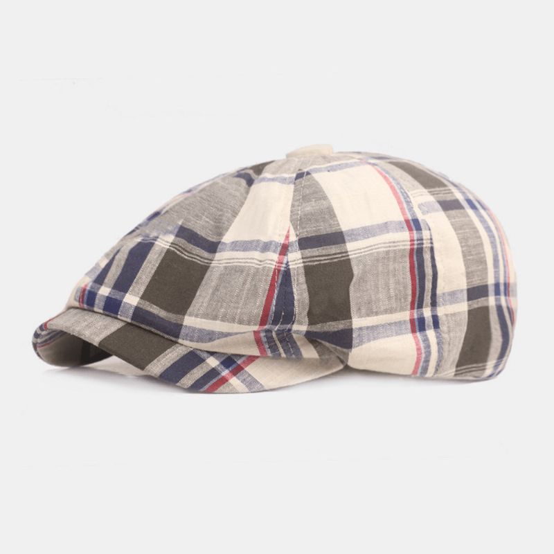 Unisex Bomuldsbasker Kasket Plaidmønster Casual Retro Solsejl Newsboy Hat Forward Cap Octagonal Hat