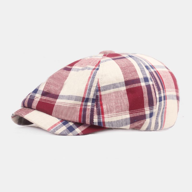 Unisex Bomuldsbasker Kasket Plaidmønster Casual Retro Solsejl Newsboy Hat Forward Cap Octagonal Hat