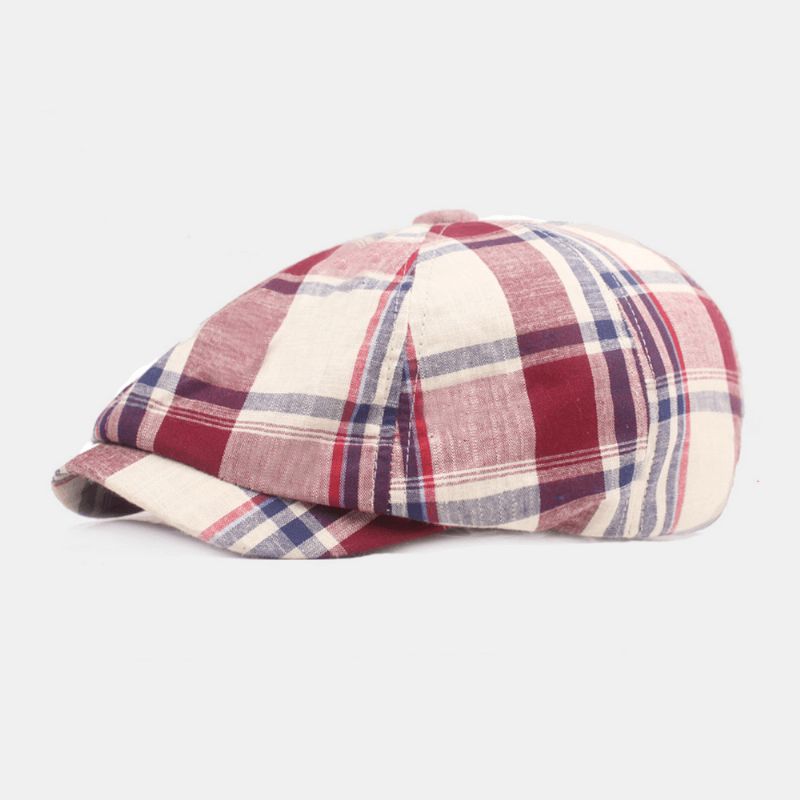 Unisex Bomuldsbasker Kasket Plaidmønster Casual Retro Solsejl Newsboy Hat Forward Cap Octagonal Hat