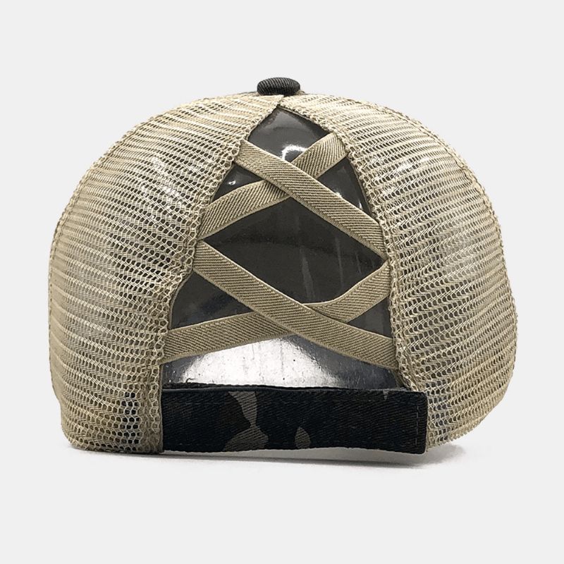 Unisex Camouflage Stretch Fit Cap Mesh Åndbar Trucker Hat Cross Hestehale Baseball Cap