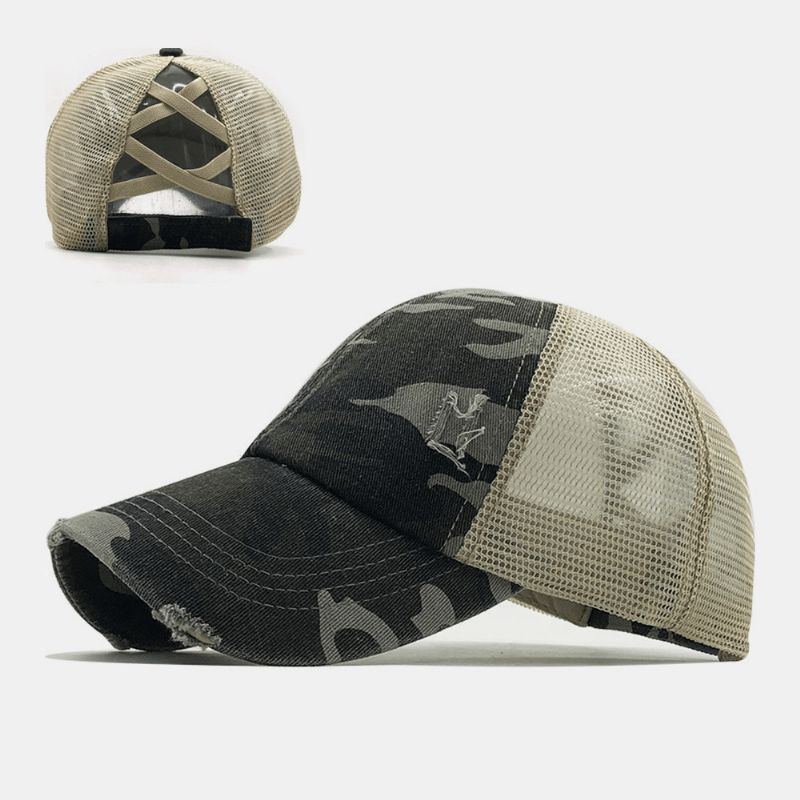 Unisex Camouflage Stretch Fit Cap Mesh Åndbar Trucker Hat Cross Hestehale Baseball Cap