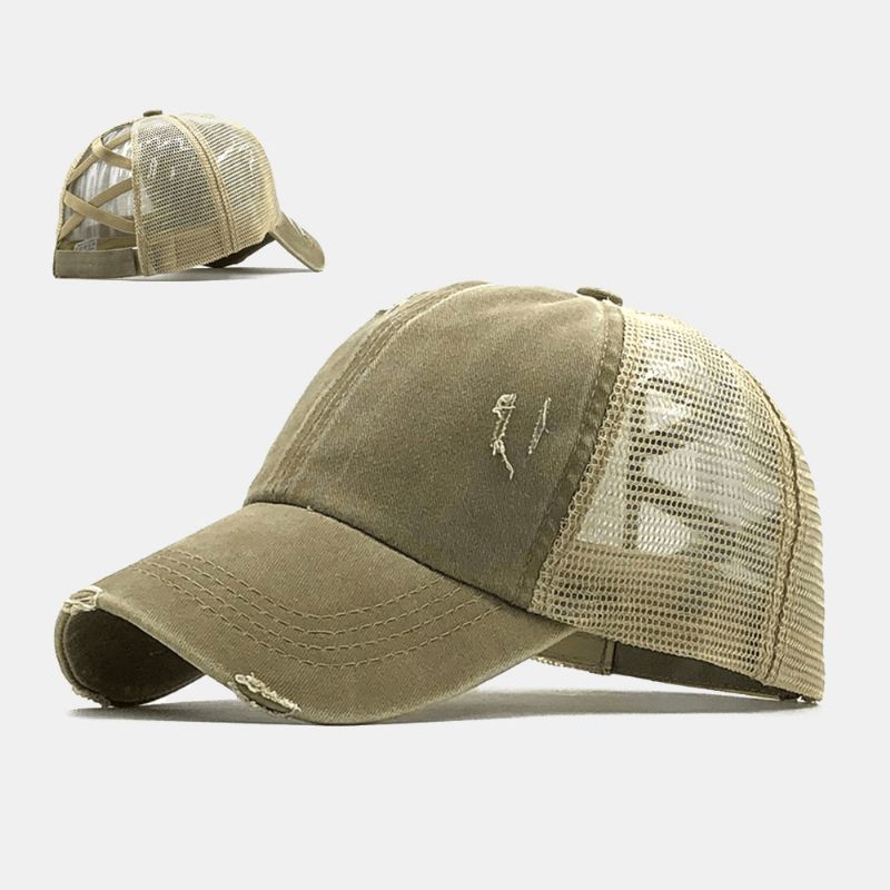 Unisex Camouflage Stretch Fit Cap Mesh Åndbar Trucker Hat Cross Hestehale Baseball Cap