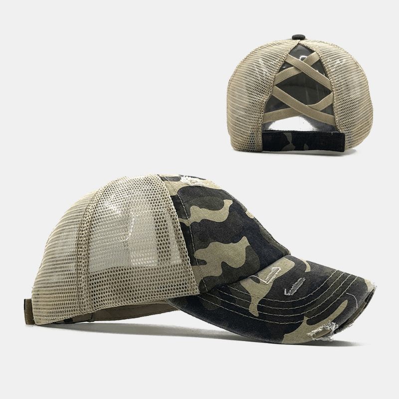 Unisex Camouflage Stretch Fit Cap Mesh Åndbar Trucker Hat Cross Hestehale Baseball Cap