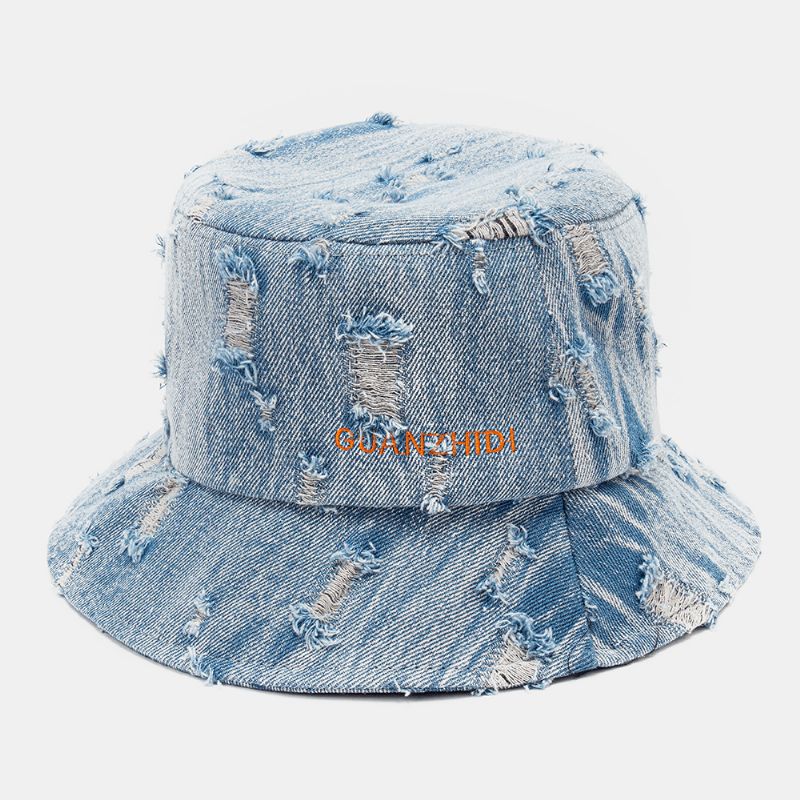 Unisex Denim Brevmønster Broderi Beskadiget Made-Old Mode Bucket Hat