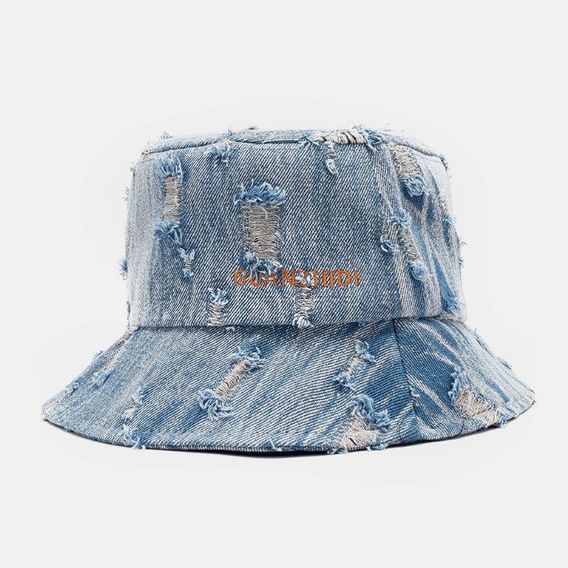 Unisex Denim Brevmønster Broderi Beskadiget Made-Old Mode Bucket Hat