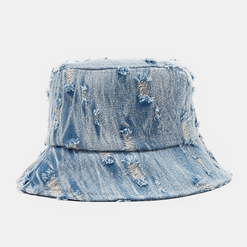 Unisex Denim Brevmønster Broderi Beskadiget Made-Old Mode Bucket Hat