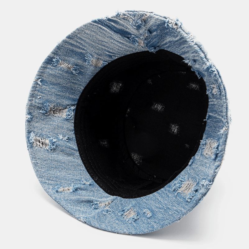 Unisex Denim Brevmønster Broderi Beskadiget Made-Old Mode Bucket Hat