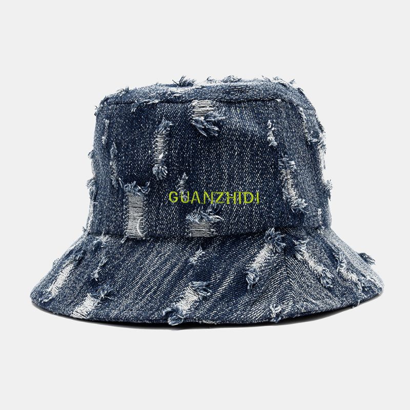 Unisex Denim Brevmønster Broderi Beskadiget Made-Old Mode Bucket Hat