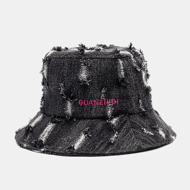 Unisex Denim Brevmønster Broderi Beskadiget Made-Old Mode Bucket Hat