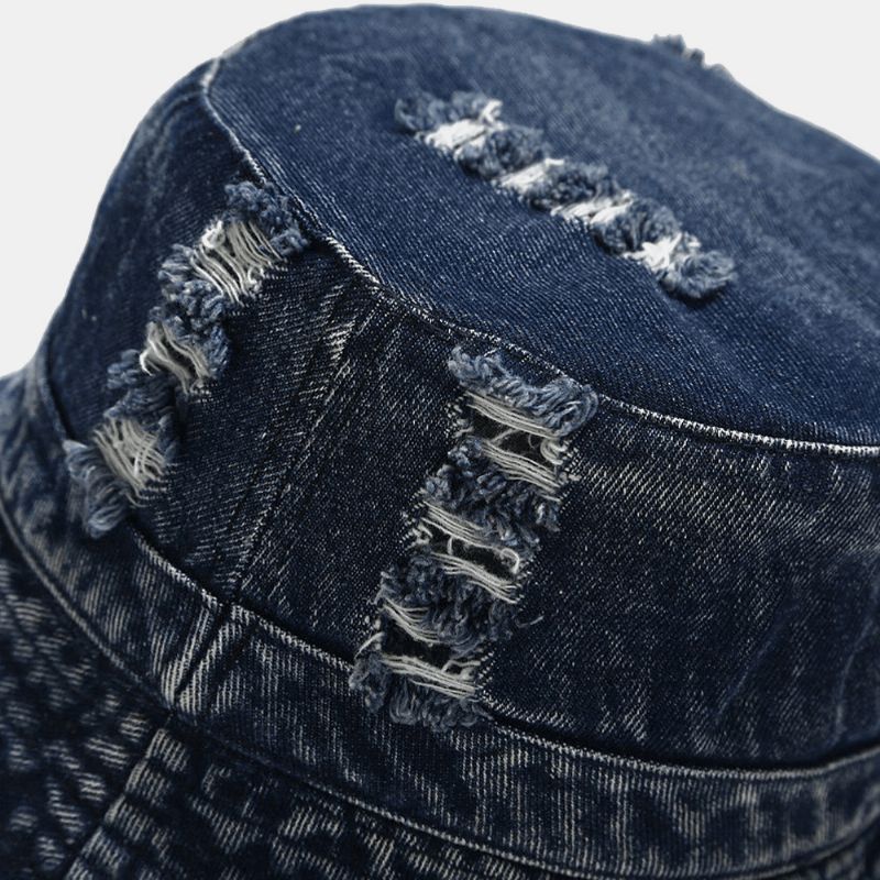 Unisex Denim Broken Holes Made-Old Mode Outdoor Sunshade Bucket Hat