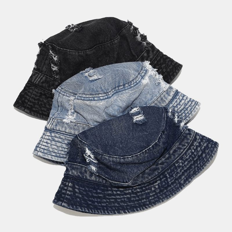 Unisex Denim Broken Holes Made-Old Mode Outdoor Sunshade Bucket Hat