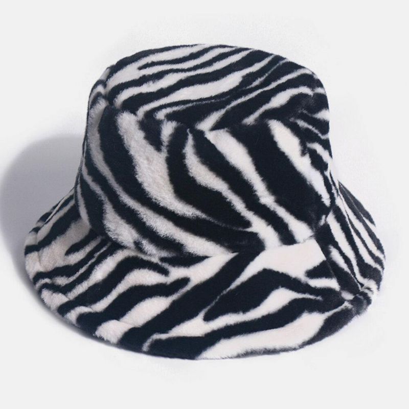 Unisex Filt Zebra Mønster Plus Tykkere Og Fløjl Varm Vindtæt Blød All-Match Bucket Hat