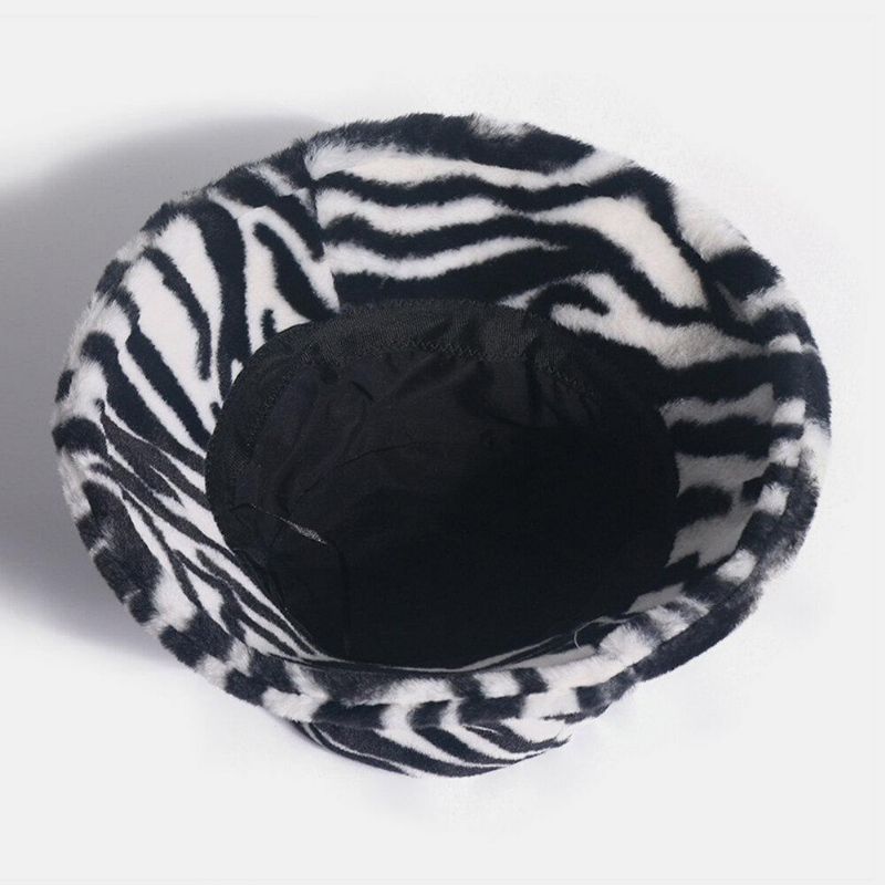 Unisex Filt Zebra Mønster Plus Tykkere Og Fløjl Varm Vindtæt Blød All-Match Bucket Hat